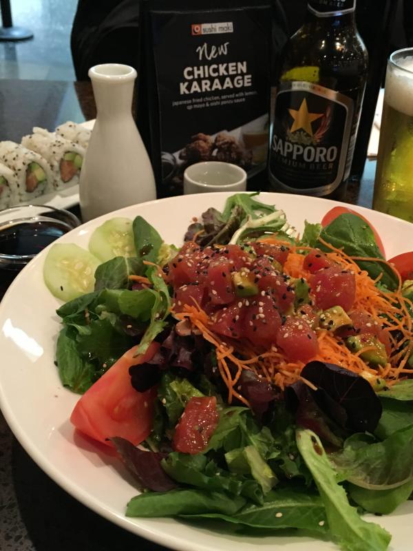 Spicy Tuna Salad, Saki, Sapporo, Salmon Avocado Sesame Roll