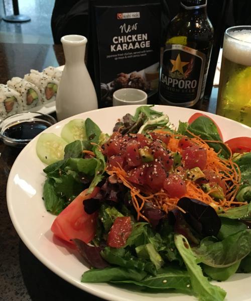 Spicy Tuna Salad, Saki, Sapporo, Salmon Avocado Sesame Roll